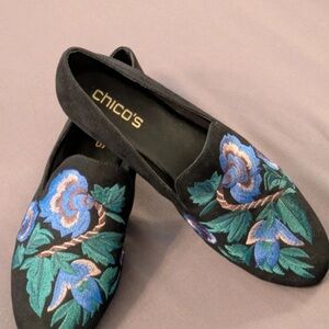 Chico's Black Flats with Blue & Green Floral Embroidery